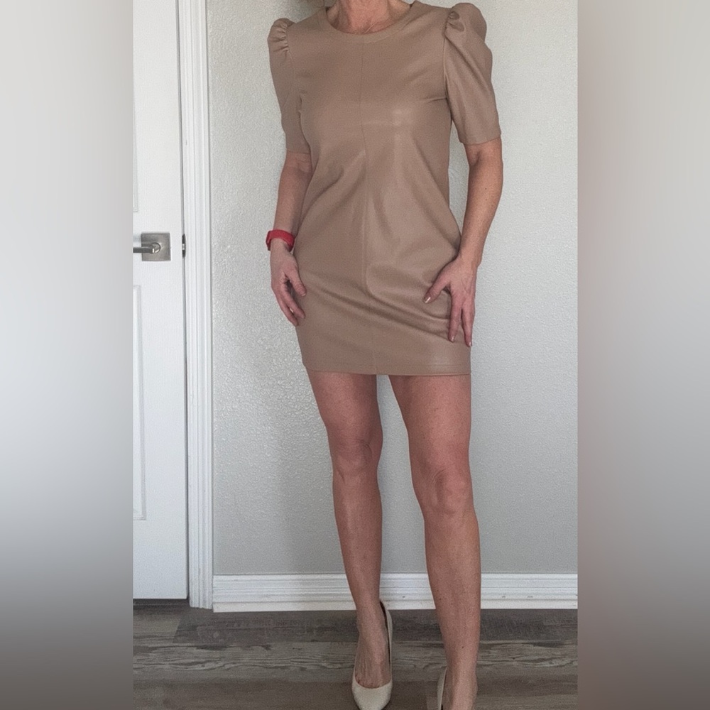 BB Dakota Tan Sheath Dress with Puff Sleeves